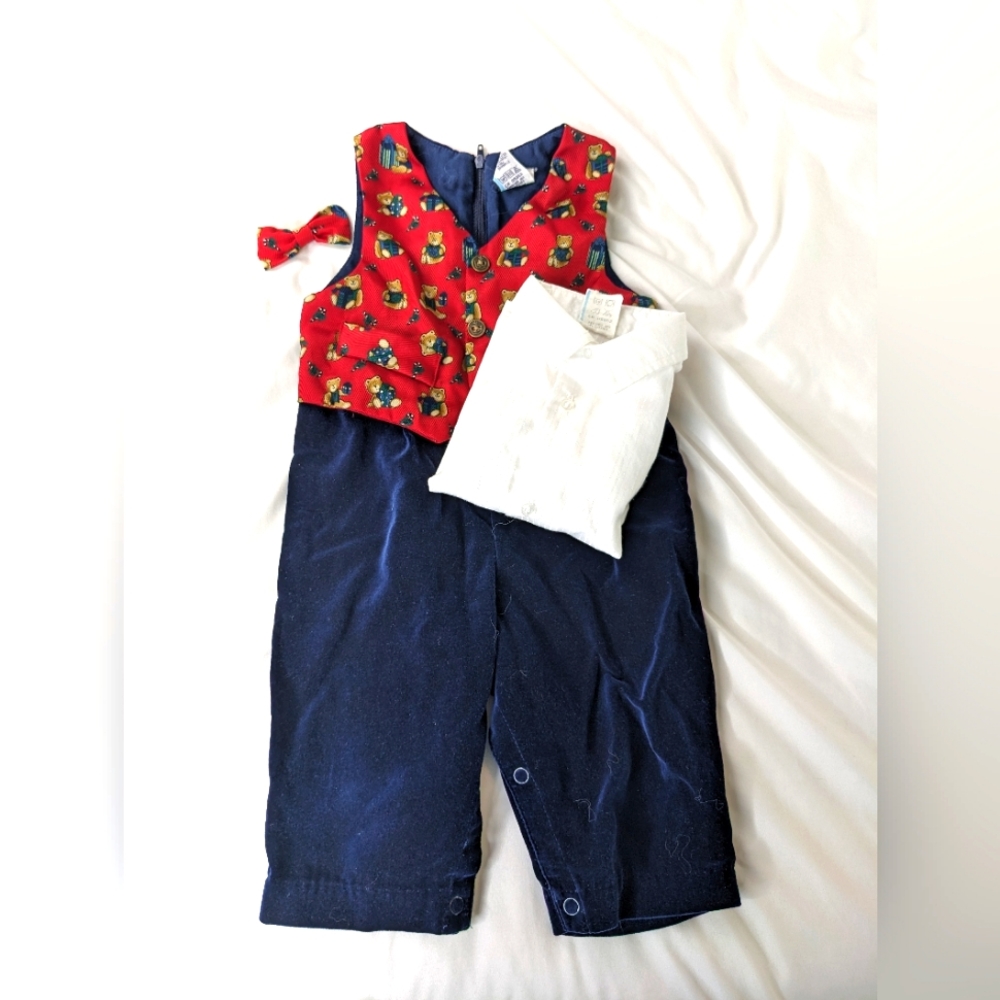 3 PC outfit One-piece EUC shirt tie vest pants bear 6-9 mos vintage 90s boy blue